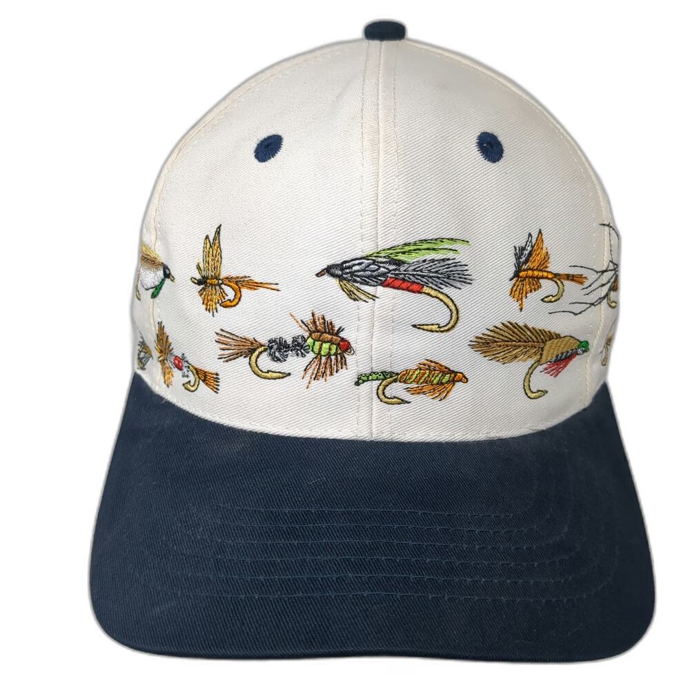 Outdoor Snapback White Blue One Size Hat Embroidered Fly Fishing Lures Angler